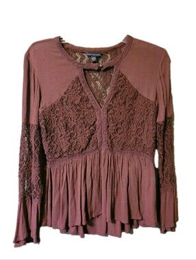 American Eagle Outfitters Burgandy Baby Doll Lace Panel Bell Sleeve Gauze Small